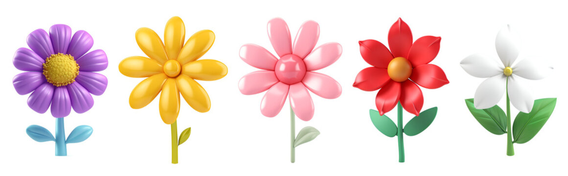Banner of Simple Cartoon 3D Render: Set of Colorful Flowers for Spring Floral Composition, Isolated on Transparent Background, PNG