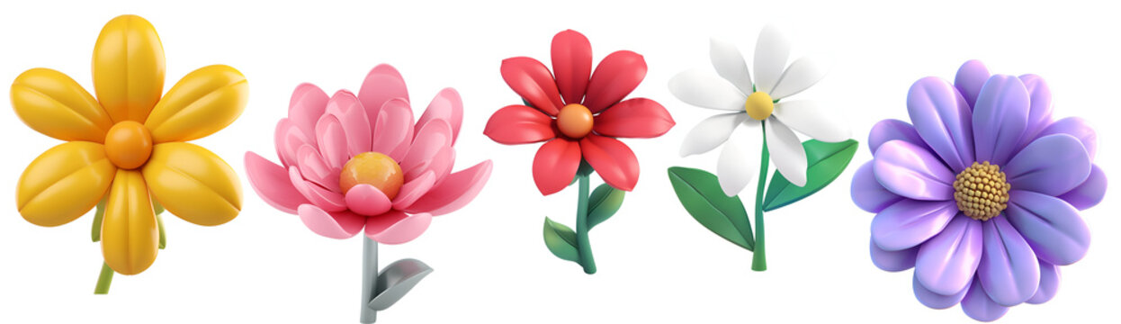 Spring Banner: 3D Render of Simple Cartoon Floral Composition with Set of Colorful Flowers, Isolated on Transparent Background, PNG