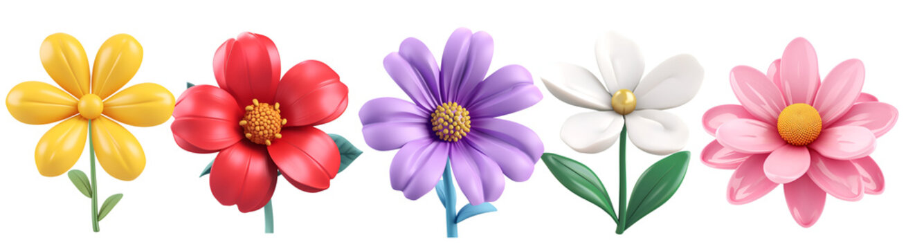 3D Render of Simple Cartoon Floral Composition Banner for Spring with Set of Colorful Flowers, Isolated on Transparent Background, PNG