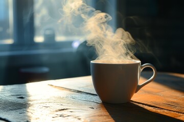 Steaming hot coffee mug, aromatic, on a rustic wooden table in morning light