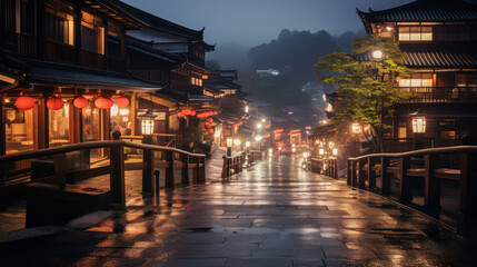 夜景の温泉街、架空の日本の古い写真、Generative AI