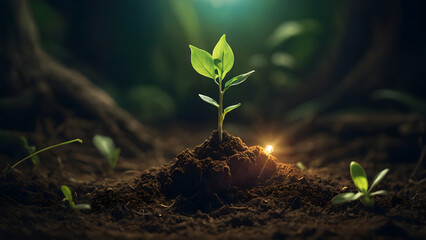 Watching small plant grow signifies the beginning of development, blending business with environmental savings for a green future. - obrazy, fototapety, plakaty