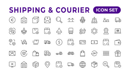 Delivery icons set. Collection of simple linear web such as Shipping By Sea Air,Date, Courier, Return Search Parcel, Fast Shipping. service icon Contains order tracking, courier, and cargo icons.