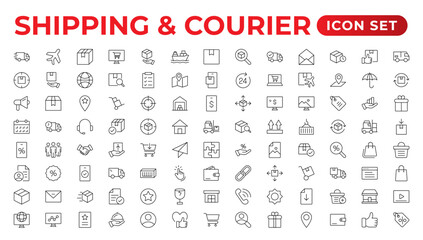 Delivery icons set. Collection of simple linear web such as Shipping By Sea Air,Date, Courier,  Return Search Parcel, Fast Shipping. service icon Contains order tracking, courier, and cargo icons.