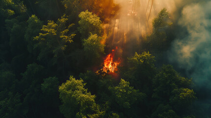 Obraz na płótnie Canvas Top-down aerial drone view of forest wildfire burning. Forest fires increasing in frequency due to global warming and climate change 