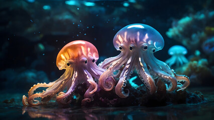 glowing Octopus' tentacle shapes, flowing sea, and abstract light design element with modern, futuristic ocean concept.