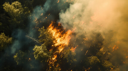 Top-down aerial drone view of forest wildfire burning. Forest fires increasing in frequency due to global warming and climate change 