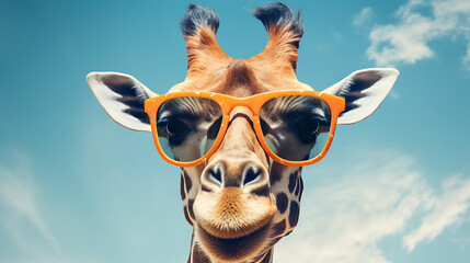 Close-up selfie portrait of a funny giraffe wearing sunglasses - obrazy, fototapety, plakaty