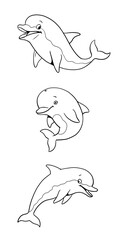 Set with three funny dolphins to color in. Template for a coloring book with funny animals. Coloring template for kids.	