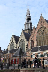 Amsterdam Street View with Oude Kerk Church Building, Netherlands