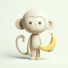 Playful 3D monkey icon with a banana on a light background. 3D clay cartoon model of a monkey with a banana.