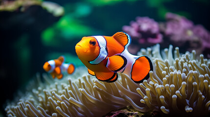 Naklejka na ściany i meble Underwater Photography of a Clownfish, Capturing the Brilliant Colors and Graceful Movement of Marine Life, Perfect for Oceanic Exploration, Aquatic Conservation, and Nature Documentaries