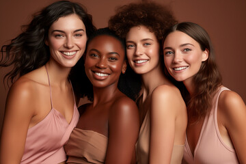 Obraz premium Skin, aesthetic and young friends together for self care, dermatology and support