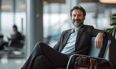Natural candid shot of middle-aged Scottish businessman in modern, sleek and stylish suit waiting at an airport terminal on a business trip. Sunny, clear blue sky
