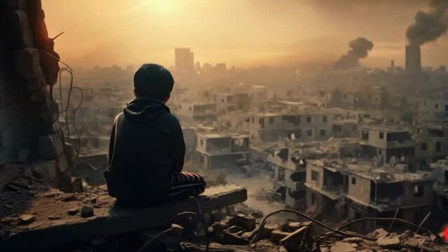 Political conflict. Destroyed buildings background. Terrible tragic war concept. Global crisis. People suffer. Poor boy look at Bombed ruined houses. City streets after rocket bomb explosion.