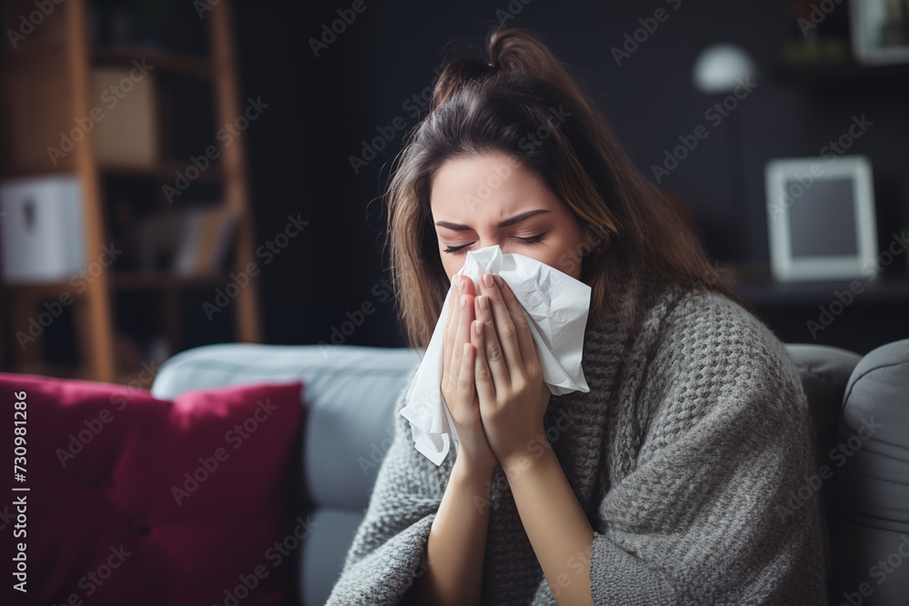 Wall mural woman sneezing on a sofa with allergy, cold or flu in her home