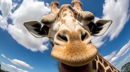 Close-up selfie portrait of a funny giraffe - obrazy, fototapety, plakaty