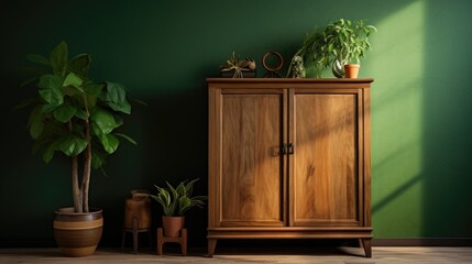 a wooden cabinet, accessories, and a green wall in a mockup.