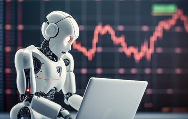 Naklejka premium AI Trading. AI Robot on chatGPT generate analytic Trading chart. AI trading bots. Artificial intelligence bot on investment. Broker Crypto bot. Trader Robot on analys cryptocurrency. Gas oil futures