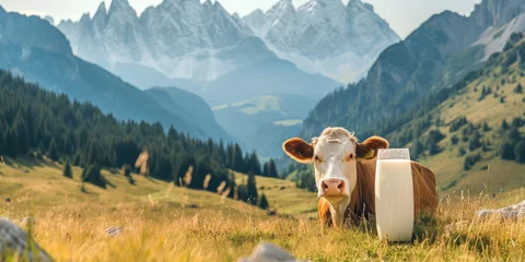 Rolgordijnen Milk in glass and dairy cow on the background of mountain landscape. Copy space © Kien