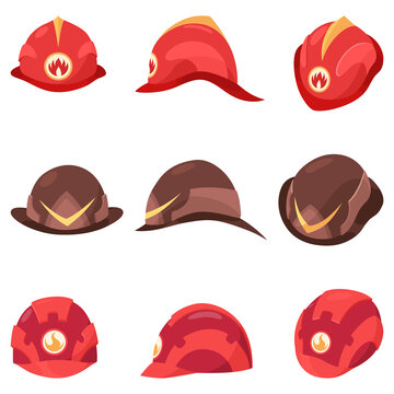 Fireman helmets icon set with front and side view. Hats of firefighter with metal emblems or logo, red and brown fireman cups, uniform headwear.  illustrations isolated on white