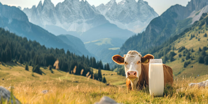 Milk in glass and dairy cow on the background of mountain landscape. Copy space