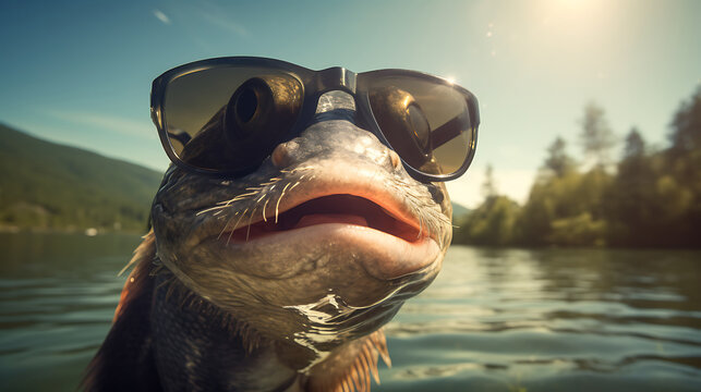 Close-up selfie portrait of a hilarious catfish wearing sunglasses
