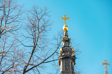 Fototapeta na wymiar majestic architecture of Novi Sad's iconic church, its blue hues contrasting against the golden dome and cross, symbolizing the rich history and religious heritage of Serbia.