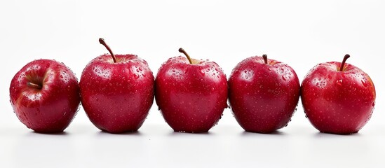 The row on the white surface displays five red apples, which are a natural food and a type of fruit from a flowering plant.