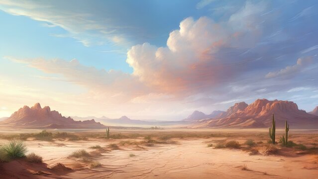 Realistic picture of desert landscape with beautiful sky