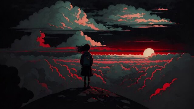 Silhouette Of A Girl Against A Red Sunset With Gray Clouds. Girl On The Hill, Depressive Scene In Red And Black Colors. AI Generated Animation In Dark Anime Style