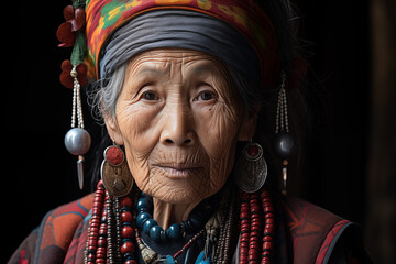 Portrait of an elderly Hmong woman, she wears traditional clothes, she has an expression on her face of kindness and sweetness