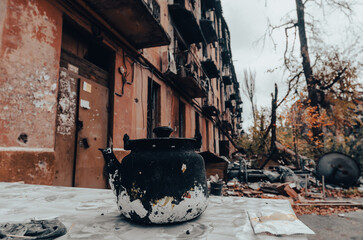 destroyed and burned houses in the city Russia Ukraine war