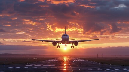 airplane landing at sunrise