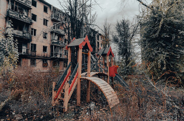 destroyed and burned houses in the city Russia Ukraine war