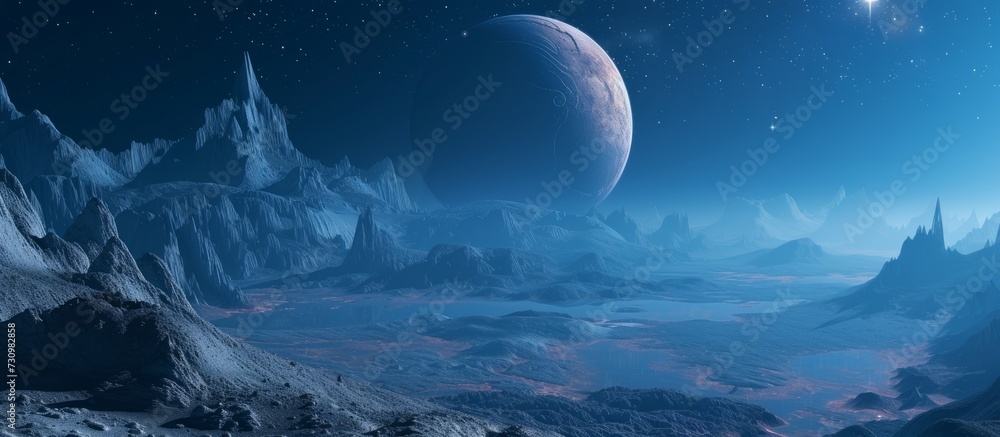 Poster exotic planet with solid surface in sci-fi backdrop.