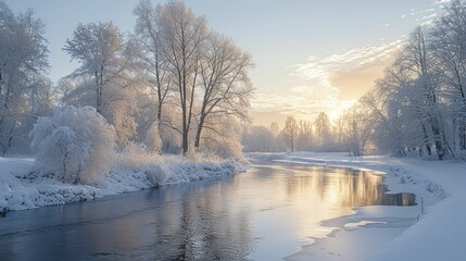 Amazing snowy landscape midst of winter, the enchanting beauty of nature emerges as the pure white snow blankets the land, Winter landscape. Winter trees and river. Winter background, banner