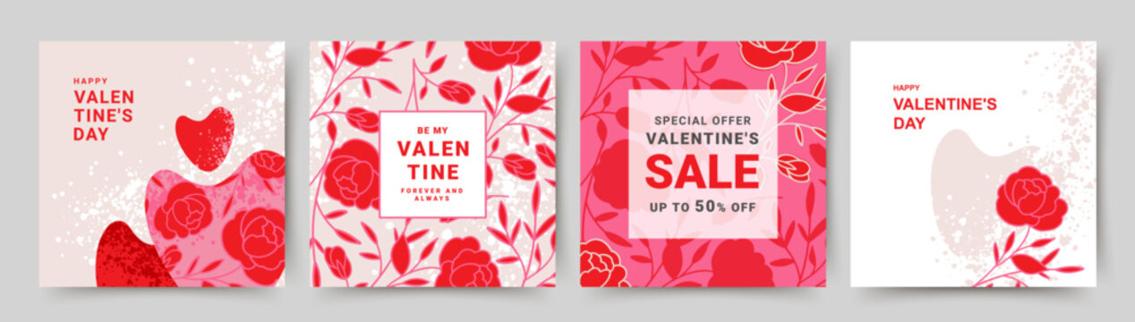 Square templates for Valentine's Day. Social media post with hearts and roses. Sales promotion for Valentine's Day. Vector illustration for greeting cards, mobile apps, banner design 
