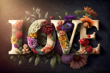 Fototapeta premium Word LOVE with flowers for use in graphic design. Valentines day greeting card. Romantic theme. Generative AI