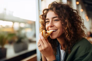 Plexiglas foto achterwand Young woman eating taco on a food court © Natalia Klenova
