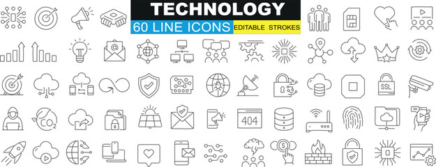 Technology line icon in vector format, perfect for web design and apps. Includes cloud computing, security, networking, energy, battery, power, data server, internet, mobile phone, computer mouse