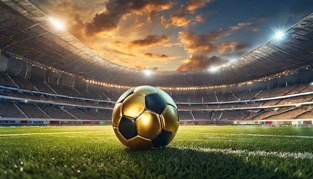 golden football in soccer stadium, colorful epic sunset in background