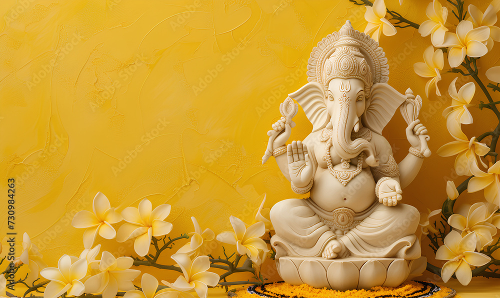 Wall mural Festive statue of the Hindu god Ganesh on yellow background. Hinduism religion and ethnic concept. For Ugadi, Gudi Padwa Hindu New Year celebration. Subject shot for wallpaper, banner with copy space