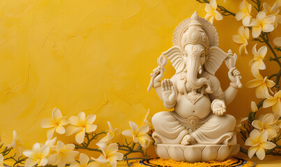 Festive statue of the Hindu god Ganesh on yellow background. Hinduism religion and ethnic concept. For Ugadi, Gudi Padwa Hindu New Year celebration. Subject shot for wallpaper, banner with copy space