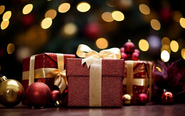 a group of presents sitting on top of a table next to christmas ornaments and a christmas tree with lights in the background, generative ai