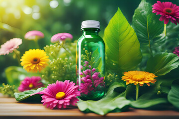 Organic capsules bottle with flowers and leaves plants on a fresh garden. Lifestyle. Nature, plants and flowers - Healthy living bottle - Homeopathy, naturopathy, aromatherapy...