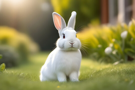 Adorable White Bunny Rabbit Sitting on Green Grass in a Garden on a Sunny Day