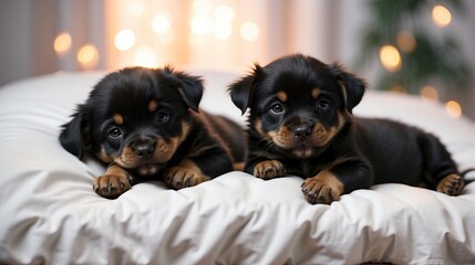 Two Young Black Puppies playing on the bed, a Cute black rottweiler puppy resting.