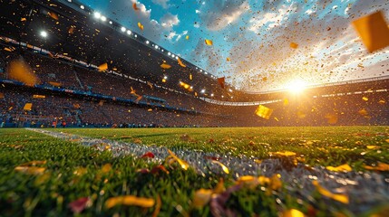 Golden confetti flutters over a sunlit soccer stadium
