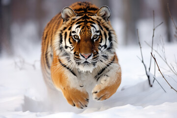 Fototapeta na wymiar a siberian tiger running in the snow winter